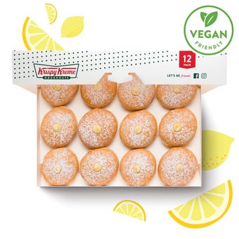 Lemon Filled Doughnuts in a krispy kreme dozen box - pictured in a flatlay view - Yellow Lemon Graphics decorate the background - Vegan Friendly Logo in top right corner. 